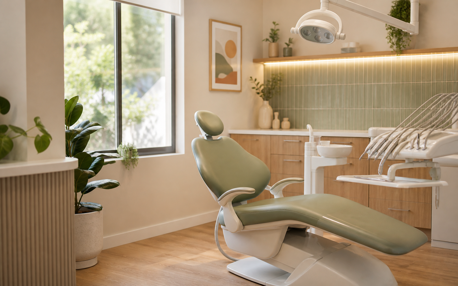 Warm modern dental clinic treatment room with an empty dental chair